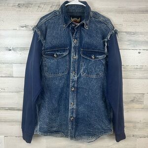 Biker Wear USA Denim Jacket – Raw Cutoff Shoulders, Sweatshirt Sleeves – Size M